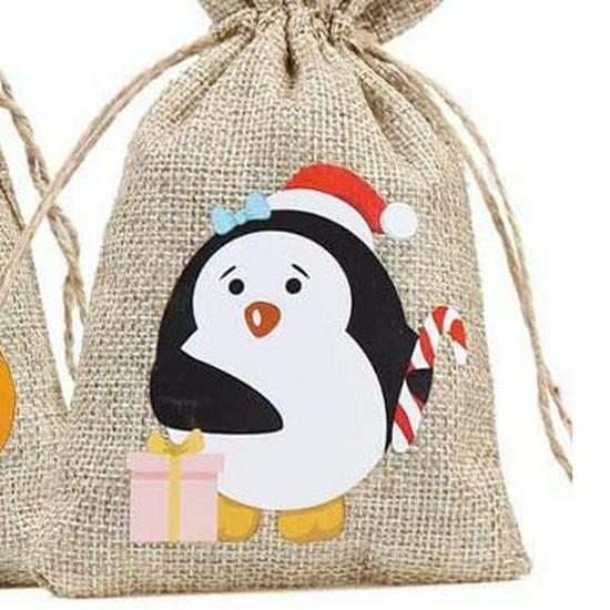 Santa Claus Burlap Drawstring Gift Bags - Small Christmas Party Candy Pouches