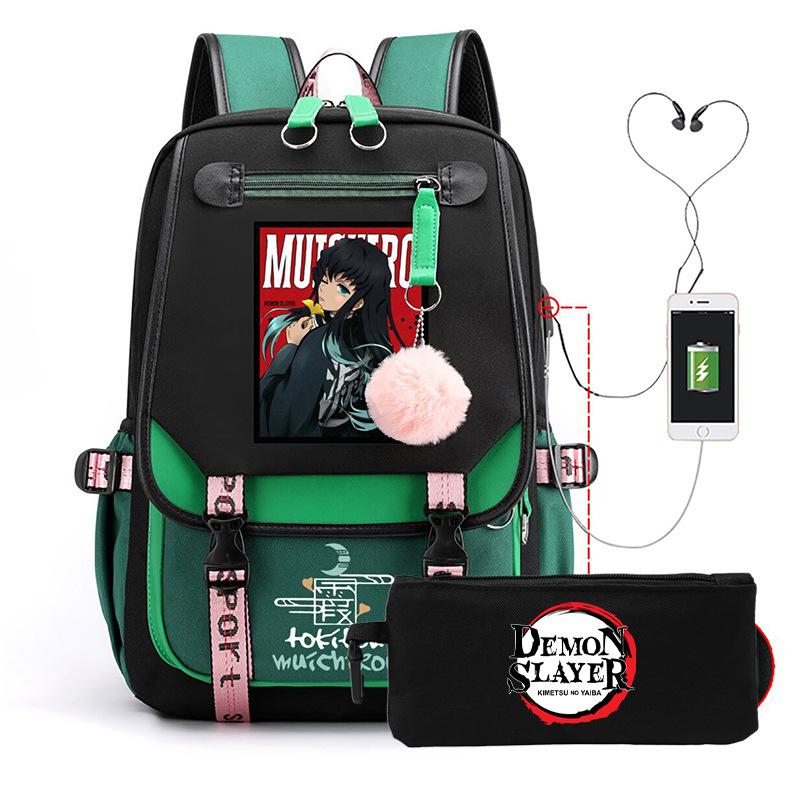 Casual Korean version schoolbag ghost extermination animation two-dimensional trend boys and girls USB backpack two-piece set