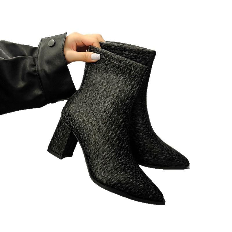 French New Side Zipper Low Slim High Heel Pointed Short Boots Autumn and Winter Retro Temperament New Thin Short Boots