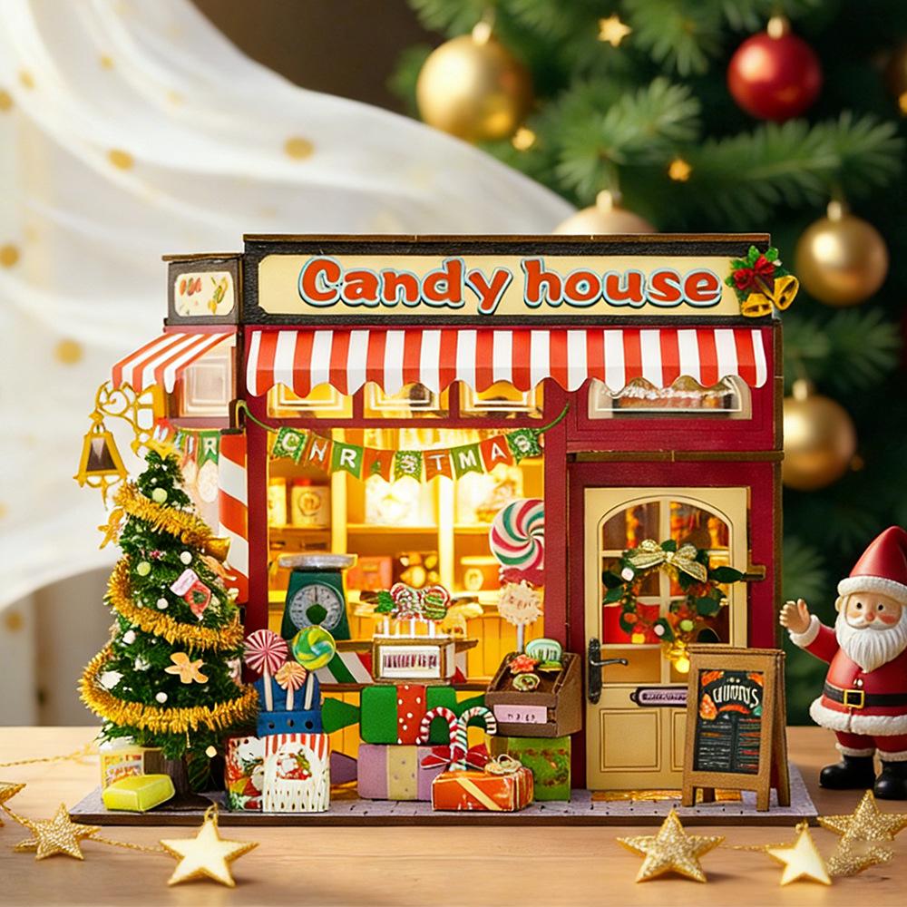 Christmas Candy Store Creative Gift DIY Wooden 3D House Three-dimensional Handmade Assembly Book Stand Model Toy