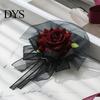 Artificial Rose Hand Flower Black Burgundy Tulle Mesh Corsage for Bridal Groom, Gothic Aesthetic Wristwear Women Boutonniere Wedding, Prom,