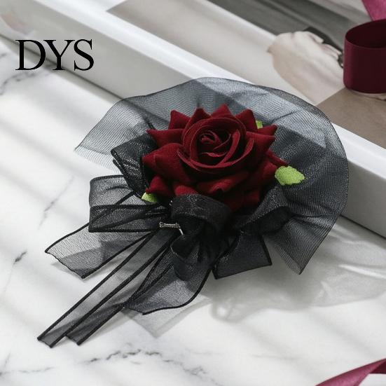 Artificial Rose Hand Flower Black Burgundy Tulle Mesh Corsage for Bridal Groom, Gothic Aesthetic Wristwear Women Boutonniere Wedding, Prom,