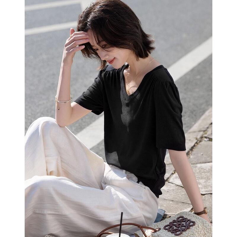Demana Women's Lyocell-Wool Blend V-Neck T-Shirt