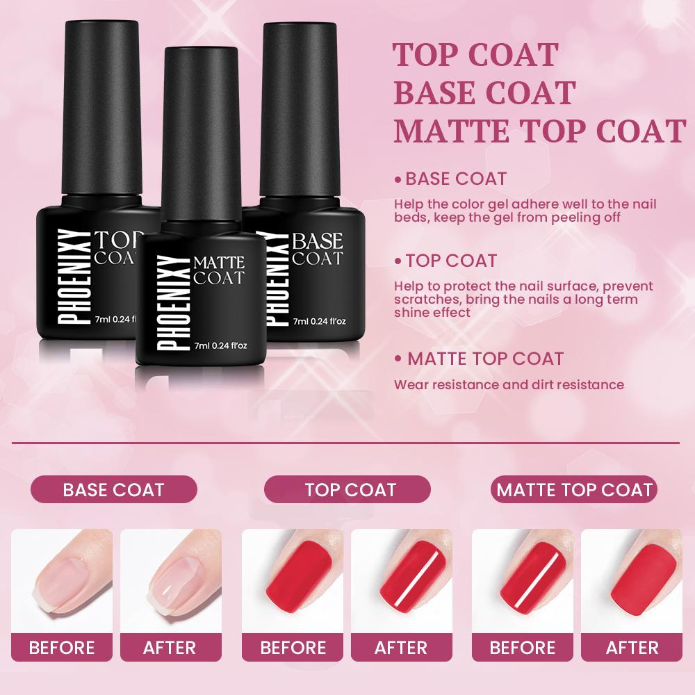 PHOENIXY 60 PCS Gel Nail Polish Set with Base and Glossy Glitter Matte Top Coat Soak Off Gel Nail Set Suitable for All Seasons Gel Polish Gifts