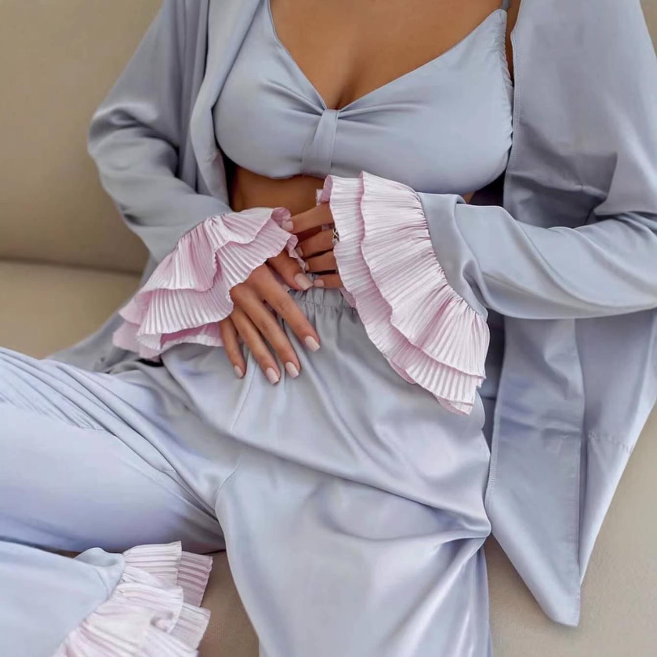 

Women s Silk Pajamas 2026: Long Sleeve 3-Piece Set - Simple, Sweet, Summer Ice Silk Home & Outdoor Wear S небесно-голубой