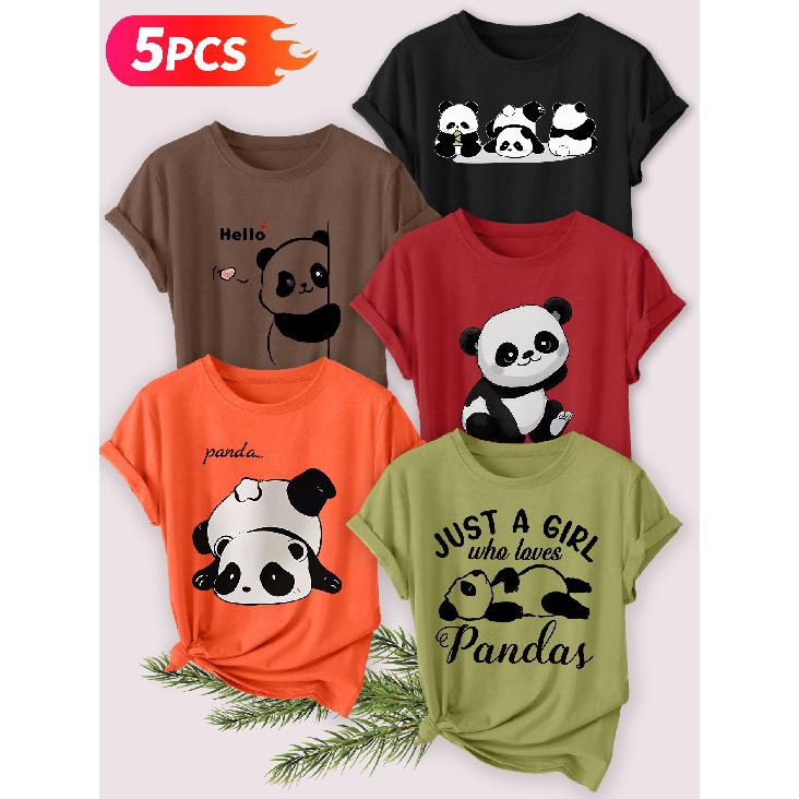 Five-piece set Elegant short-sleeved shirt for women Panda series printed round-neck women's short-sleeve shirt is suitable for spring and summer