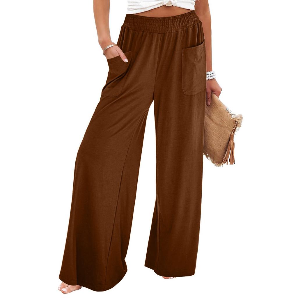 Women's Summer Elastic Waist Solid Color External Pocket Loose Pants
