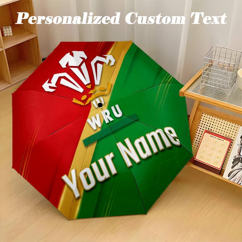 Wales Rugby Automatic 8‑ribs Umbrella, Custom Name Text Personalized Folding Umbrella Rain Sun Gift