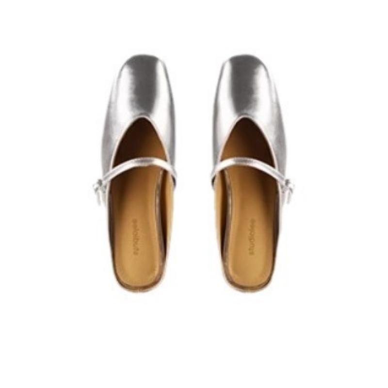 Sheepskin version inner height increase leather word with shallow mouth single shoes bag head half slippers women's Mary Jane shoes