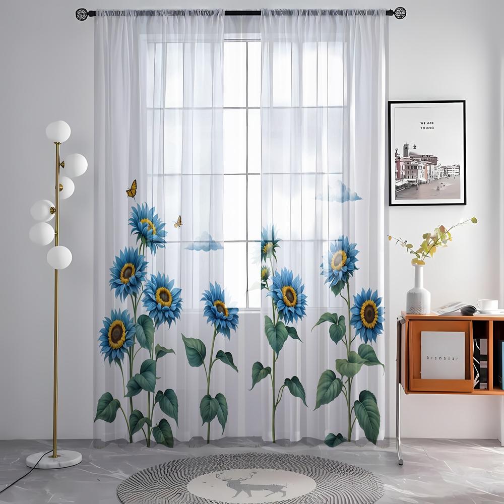 2pcs HD Digital Blue Sunflower Printed Window Screen Home Decorating Style Decorative Living Room Bedroom Rodding Curtain Effect