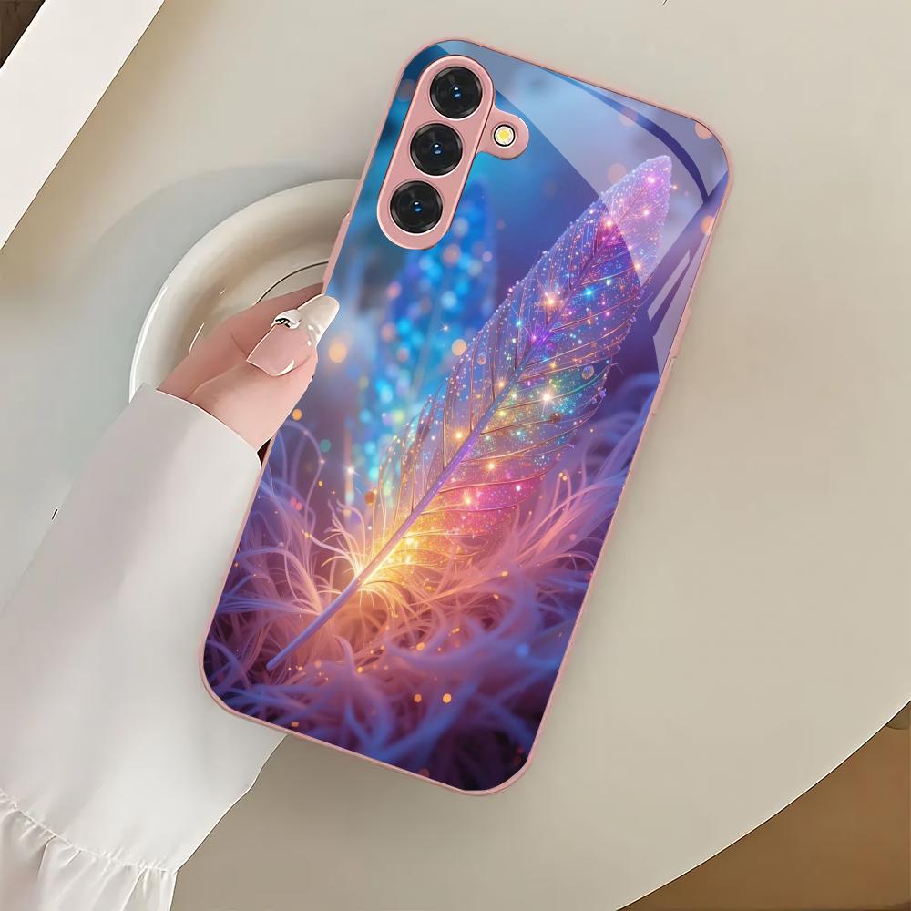 Colorful feather patterned glass phone case suitable for Samsung Galaxy S26 S25 S24 S23 S22 S20 FE/Ultra/Plus shockproof