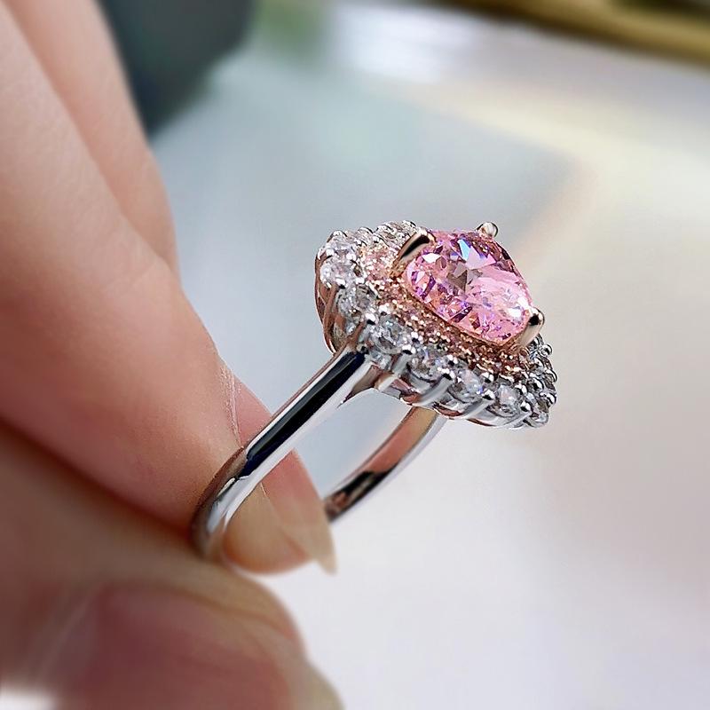Longlongjin S925 Silber Herzförmiger Rosa Simulierter Diamanten Cluster Ring
