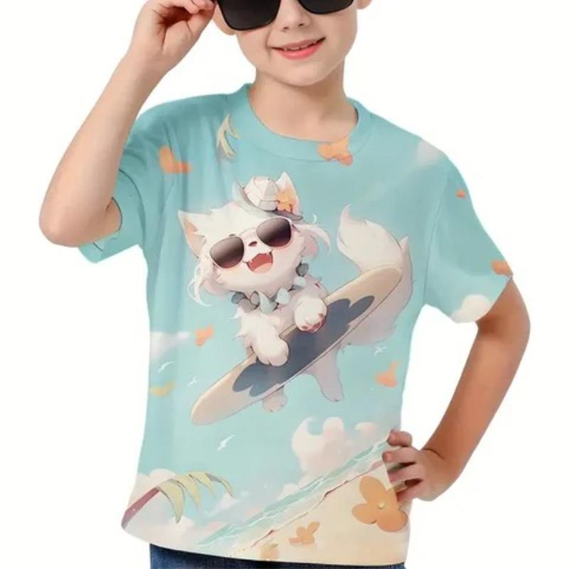 T-shirts Mignons Multicolores Tie Dye à Imprimé Chatons Dessin Animé pour Enfants Filles T-shirt Tendance Doux et Confortable