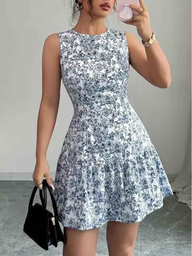 Elegant Floral Print Slimming Bodycon Dress for Women - Sleeveless Round Neck Design