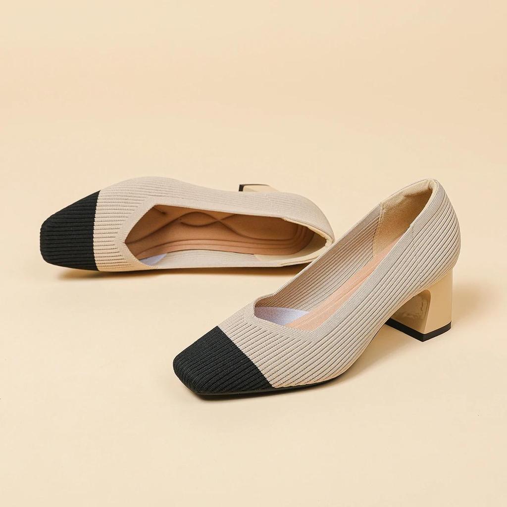 Buty Damskie Wysokie Obcasy Wygodne Kwadratowe Dzianinowe Oddychające Wygodne Damskie Baleriny (5 cm Wysoki) Kolekcja 2025