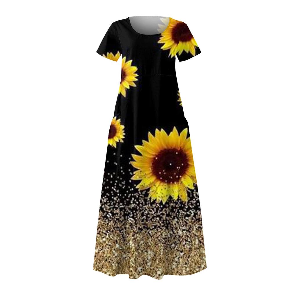Women's Summer Loose Crewneck Sunflower Print Short Sleeved Large Swing Dress With Pocket