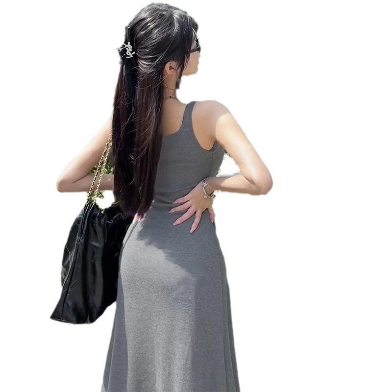 2026 Gray Suspender Dress Women's Summer Texture Slim and Thin Pear-shaped Figure Hip-wrapped Long Skirt