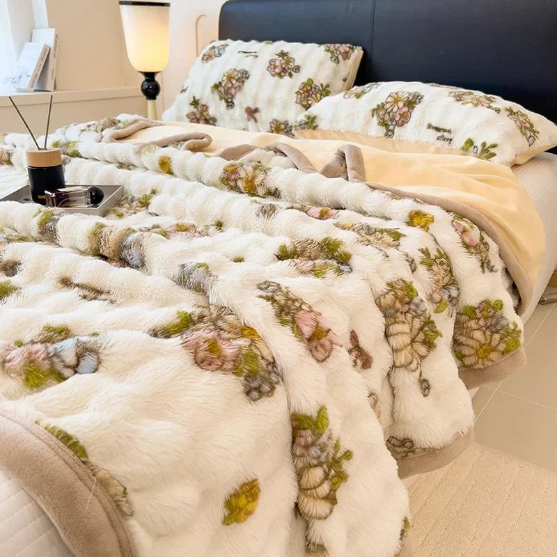 New 600g Big Bubble Rabbit Fur Composite Blanket Milk Fleece Siesta Blanket Double-sided Fleece Sofa Blanket