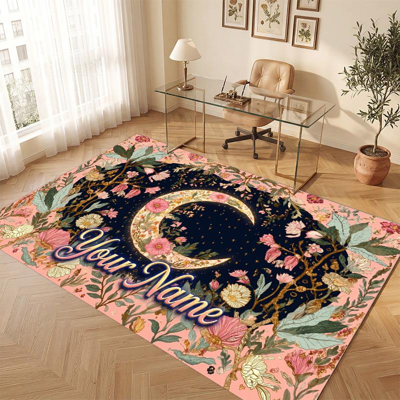 Floral Garden Theme Soft Crystal Velvet Rug Custom Name & Text Print Non Slip Floor Rug for Bedroom Living Room