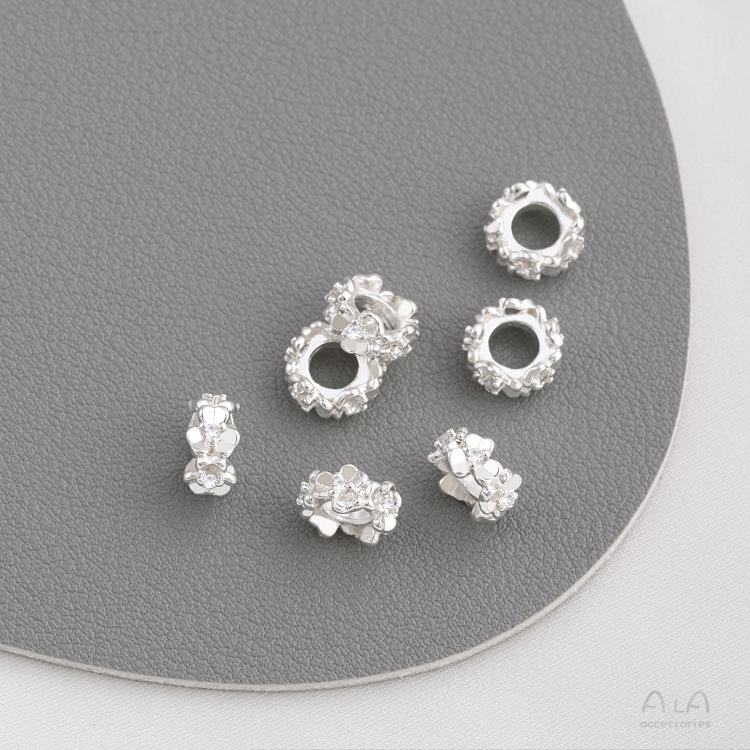 

925 Толстое серебряное кольцо-разделитель с цирконом и цветочным узором - Аксессуар для нанизывания, ручная работа