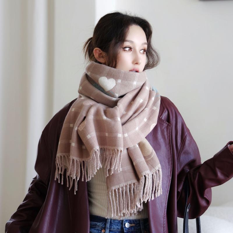 Love plaid double-sided color matching imitation cashmere scarf women's autumn and winter new atmosphere senior fringed shawl