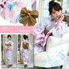 RAVIR Yukata White Gradient Floral Fluffy Obi and Geta One Size Fits All Women's 3-Piece Set, Print, Belt, Sandals, Pink,