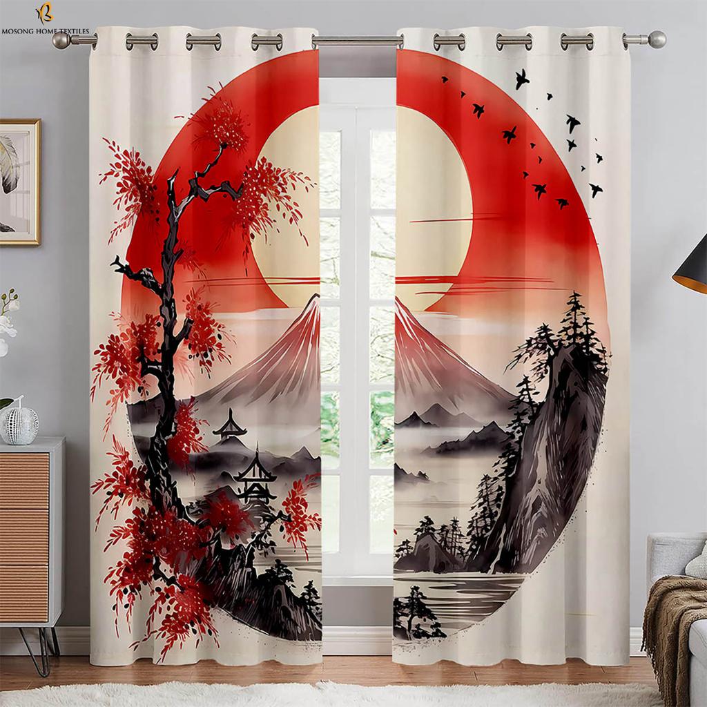 2 Pieces Of Retro Ink Peach Blossom Black And White Print Curtains Bedroom Living Room Study Decorative Curtains