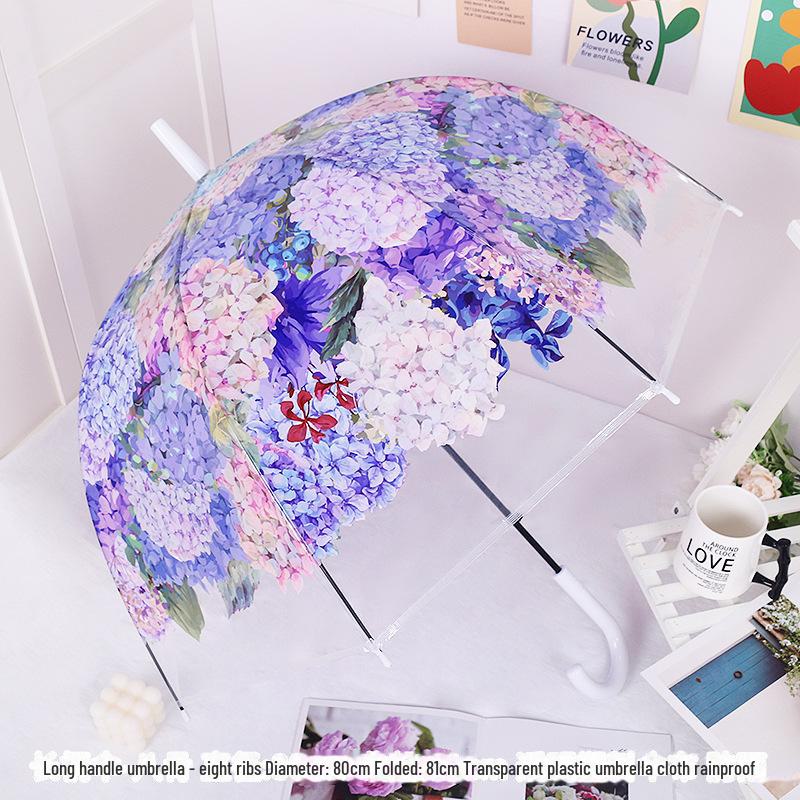 Japonský lesní styl průhledný deštník s třešňovými květy s klenutou dlouhou rukojetí pro studenty