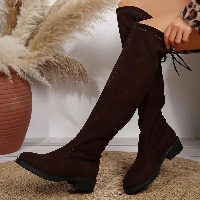 Women's Long Tube Boots Thick Heel Over Knee Elastic Slim Boots Sexy Leopard Print Women Shoes Fashion Round Toe High Boots