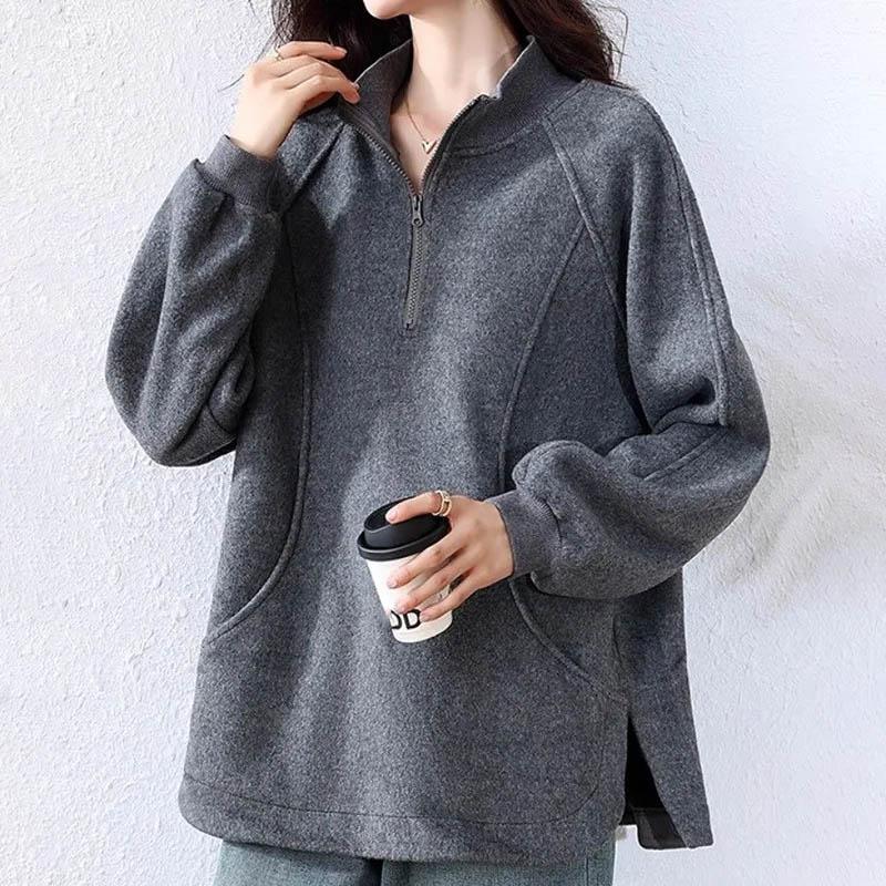Sweatshirt for Women Cotton Oversize Half-open Collar Fleece Thickened Loose Round Neck Casual Pullover Long Sleeve Top Sweatshirt