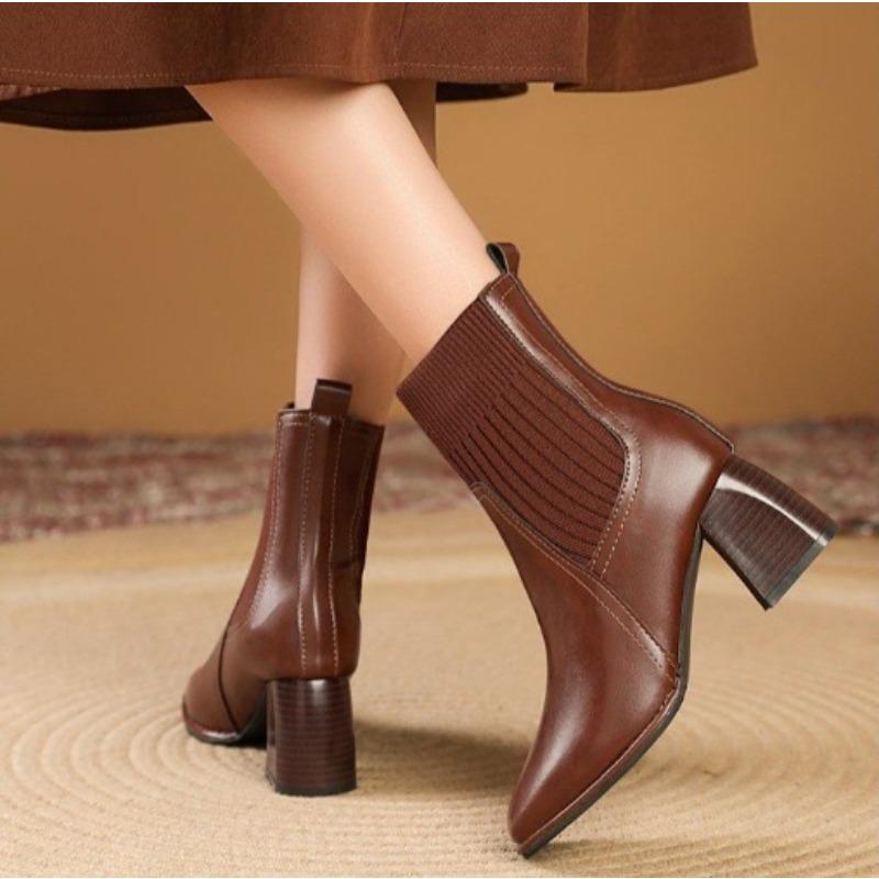 New Ankle Square Heel Modern Boots Slip-on High Heels Women's Shoes on Sale High Quality Solid Splicing Concise Women's Boots