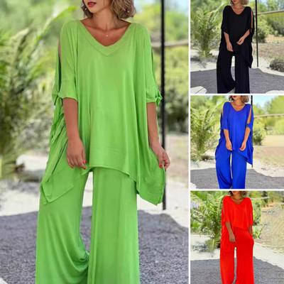 Dámská volná Boho dvoudílná sada Ležérní svetr s krátkým rukávem Top Široké kalhoty Souprava oversized letní outfity