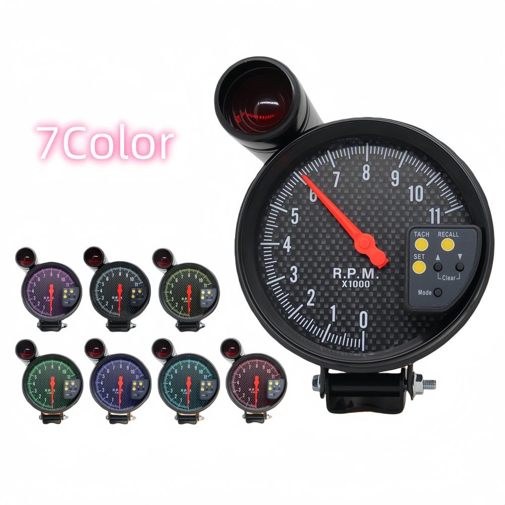 RPM Gauge Car Tachometer Colorful Backlight Carbon Fiber Face LED Display Supports 1-8 Cylinders For Car Modification