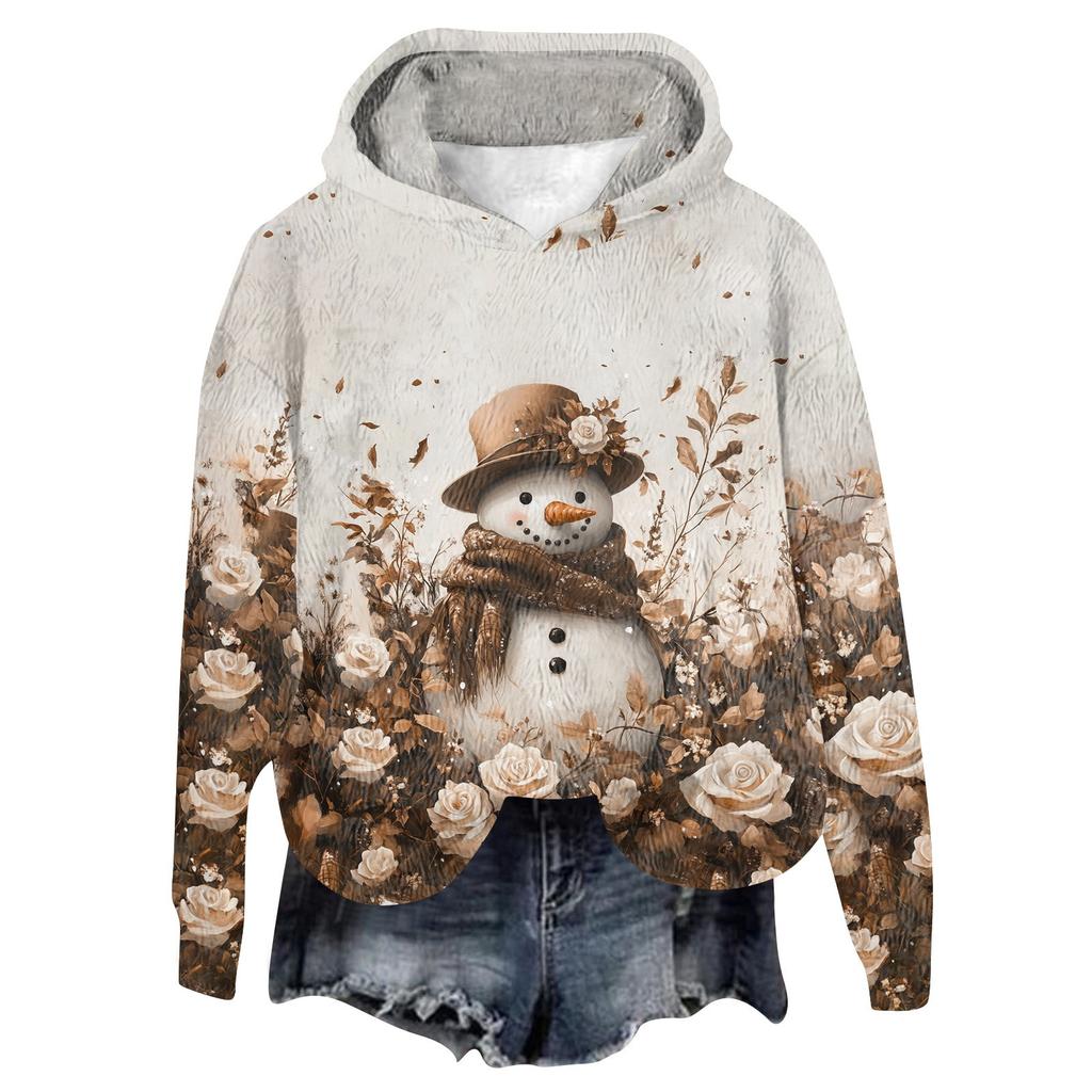 Dames hettegenser langermet juleprintet flanelltopp hettegenser