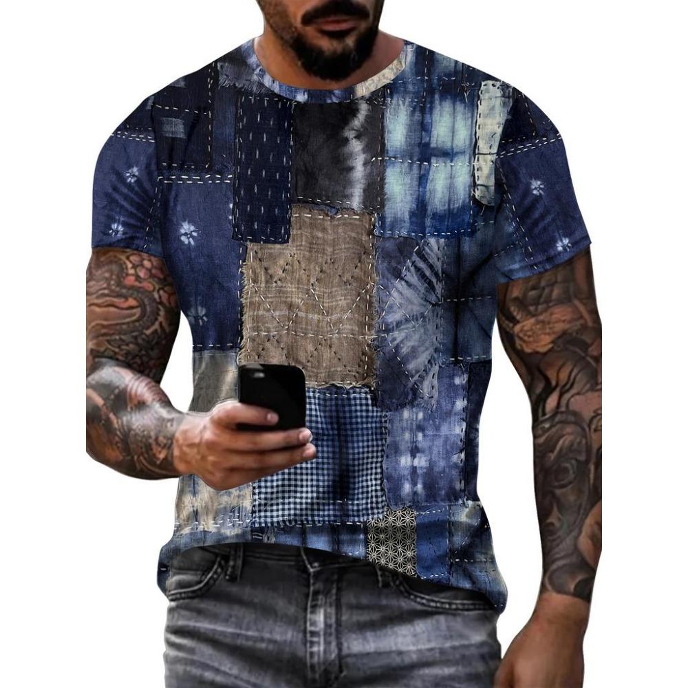 2026 New Trendy Denim Graphic Stitching Short Sleeve T-shirt Casual Loose Men's Short Sleeve Tee Oversized T Shirts For Man