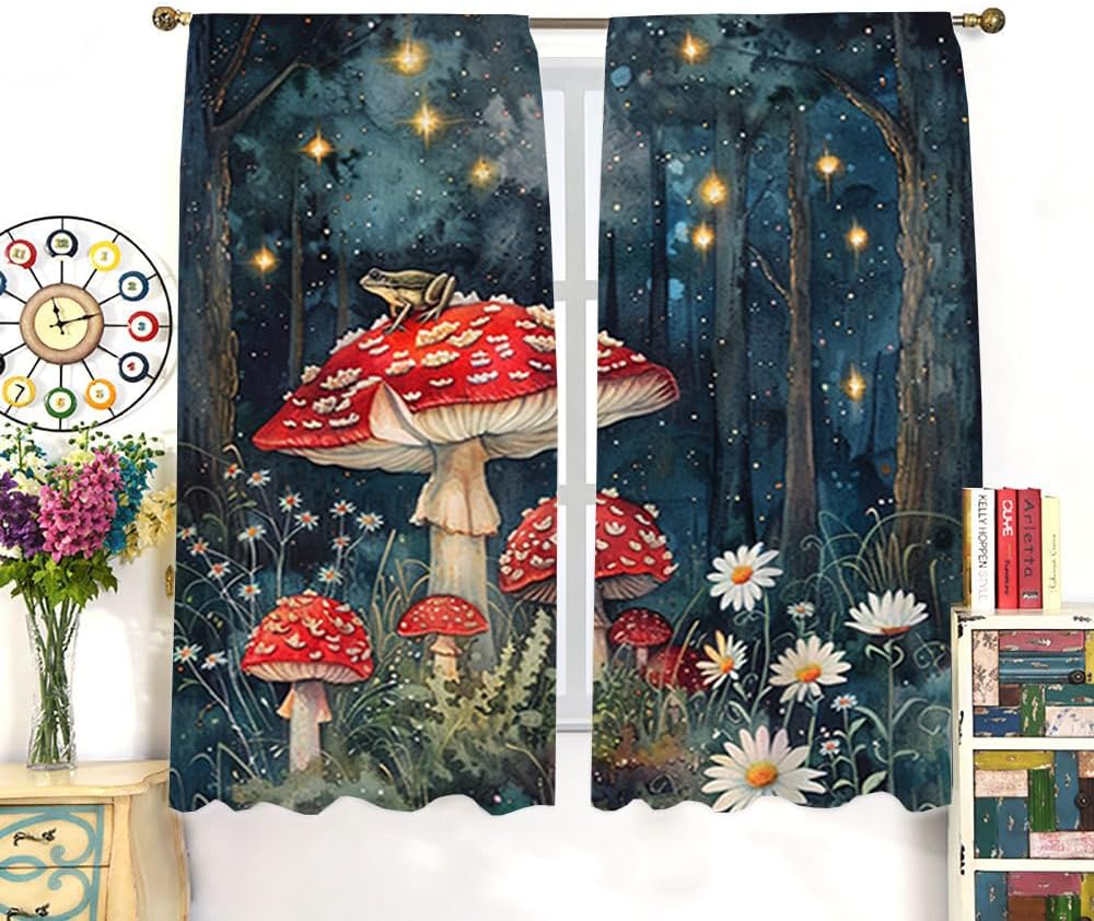 Rustic 70s Mushroom Frog Daisy Blackout Curtains Vintage Watercolor Spring Misty Forest Wildlife Frogs Printed Perforated Curtai