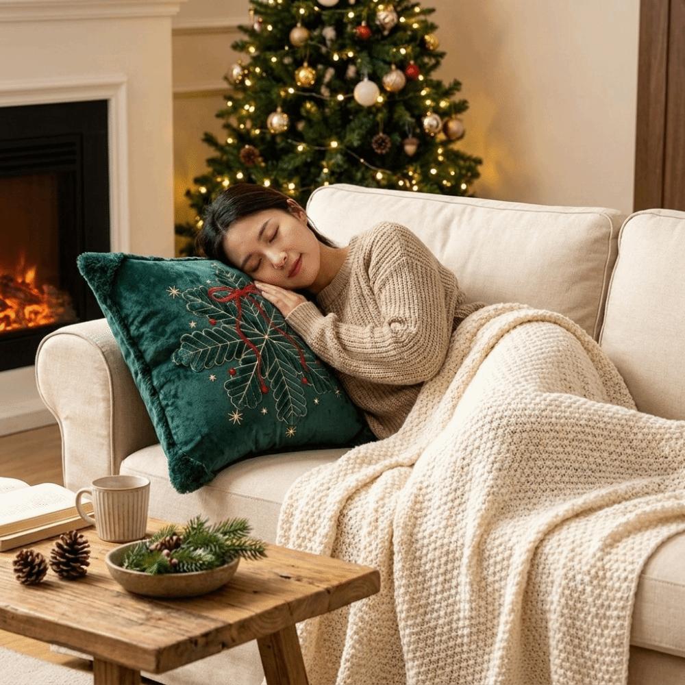 Embroidered Christmas Pillow Cover Soft Square Throw Cushion Cover Bell Bow Snowflake Holiday Cushion Cover Christmas Decor