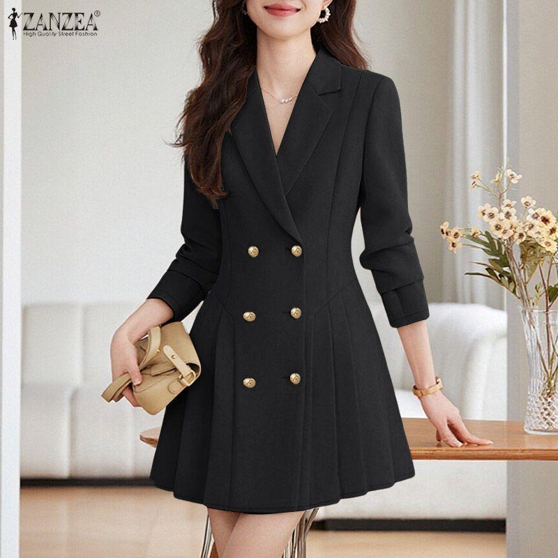 ZANZEA Rochie Elegantă Casual pentru Femei cu Guler Reversibil și Mânecă Lungă