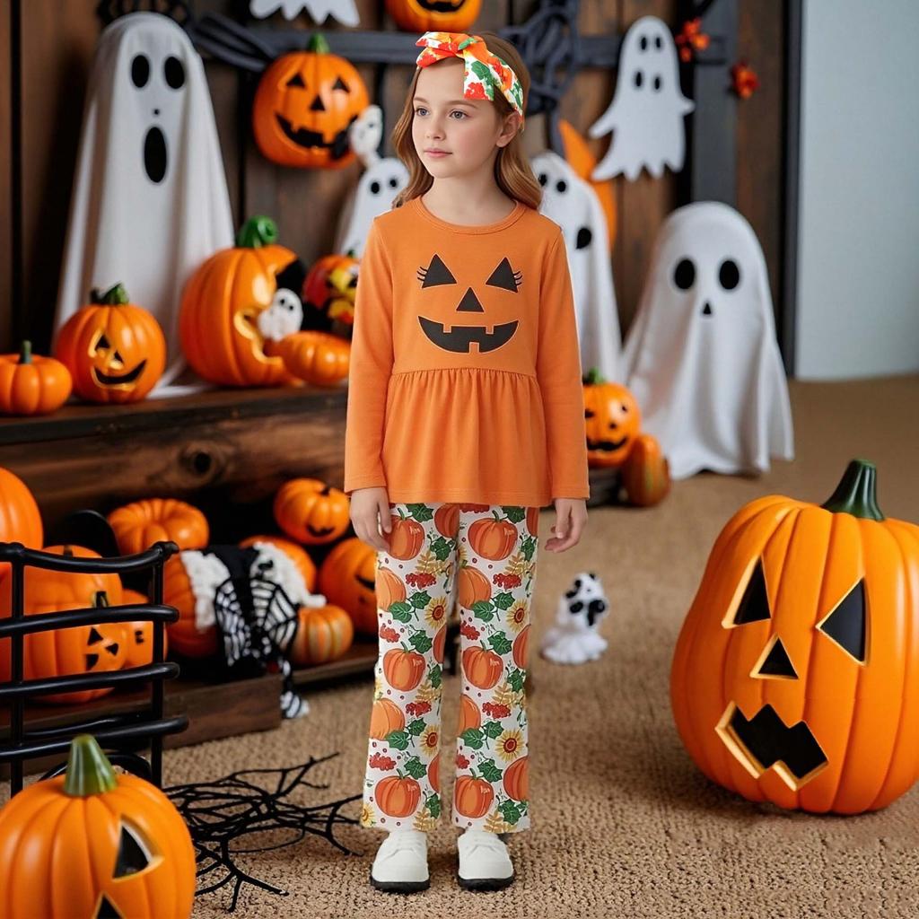 Kids Girls Halloween Outfit Spring Autumn Long Sleeve Pumpkin Printed Skirt Pants Two Piece Set Fashion Casual Children Clothing