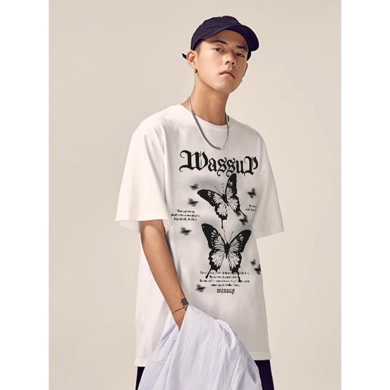 Wassup Heods Trendy Gothic Letter Butterfly Short-Sleeved T-Shirt for Men and Women, Summer Loose Heavyweight Cotton Top