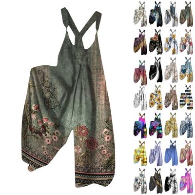 Geniş Bacak Tulum Kadınlar Için Rahat Gevşek Kolsuz Tulumlar Retro Baskı Metal Düğme Uzun Pantolon Romper Tulum Cepler Ile
