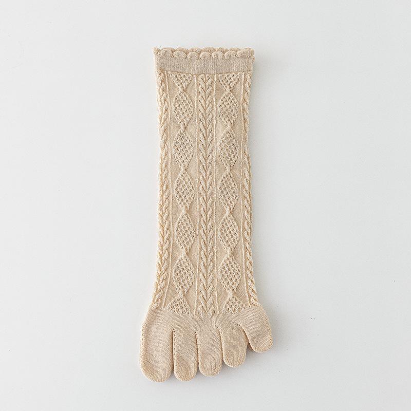 6 Pairs Women Spring and Autumn Pure Cotton Five Finger Socks Retro Solid Color Lace Striped Split Toe Socks Vintage Comfortable Socks