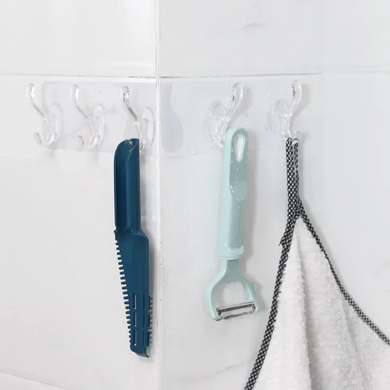 6Row Strong Self Adhesive Wall Hooks Nail-free Transparent Multipurpose Holder for Kitchen Bathroom Traceless Hanger Stickers