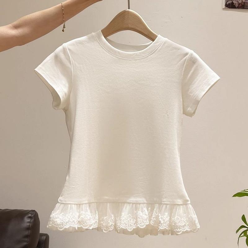Women White Round Neck Short Sleeve Lace Hem Ruffle Casual T Shirt S