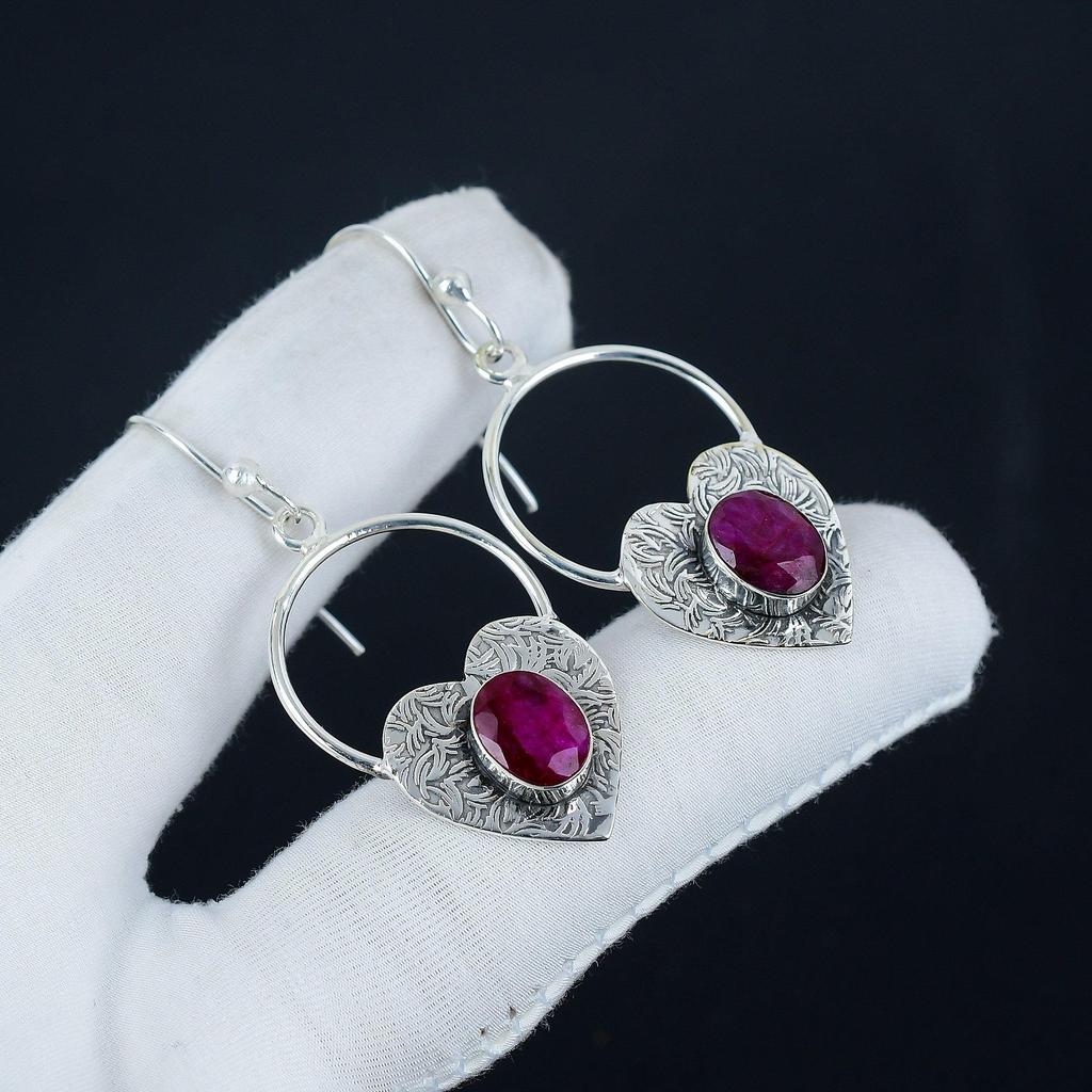 Dainty Kashmir Ruby Gemstone Heart Shape Earrings, 925 Sterling Silver Earring, Handmade Boho Silver Jewelry Dangle Earrings, Wadding Gift