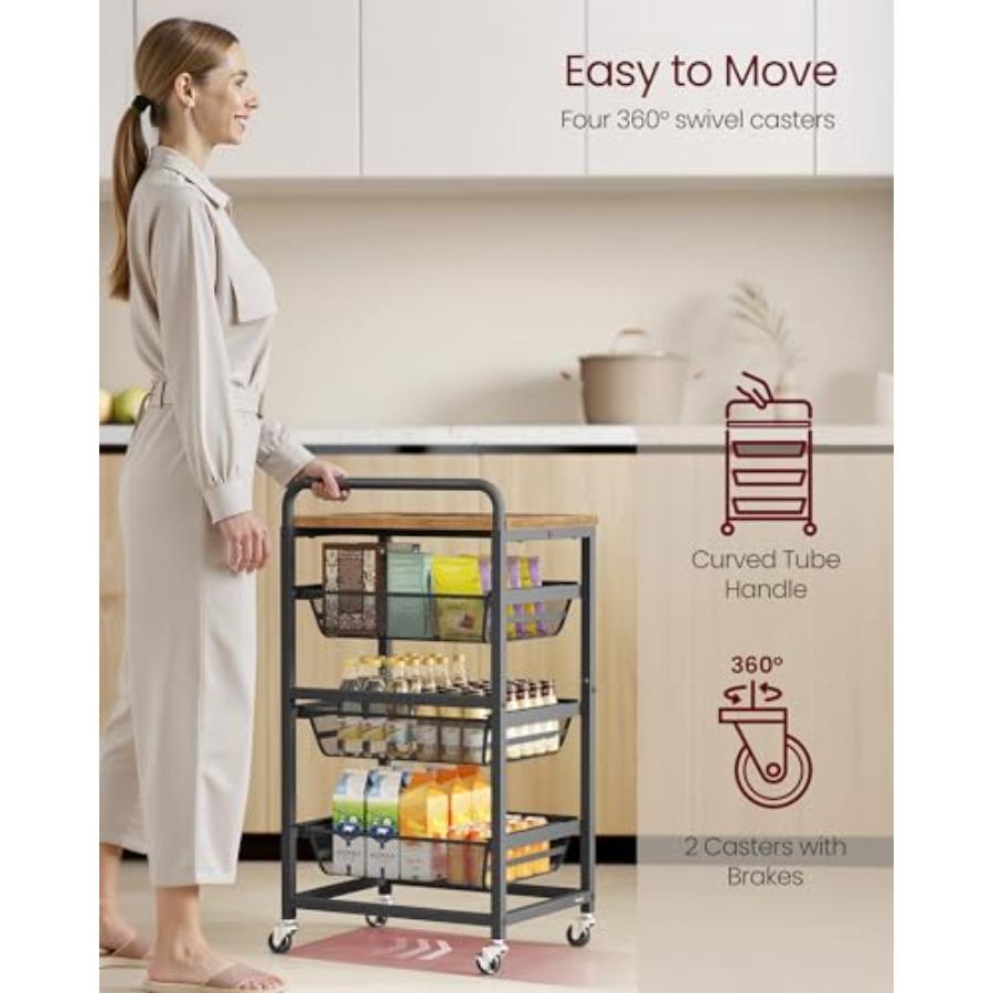 Storage Cart with Pull-Out Baskets 4-Tier Kitchen Cart with Wheels Handle 12.5 x 15.8 x 29.9 Inches Rustic Brown and Ink Black