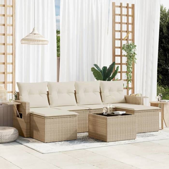 VidaXL Salon de Jardin avec Coussins 7 pcs, Canapés de Terrasse, Ensemble de Meubles de Patio, Mobilier d'Extérieur, Beige 3252865