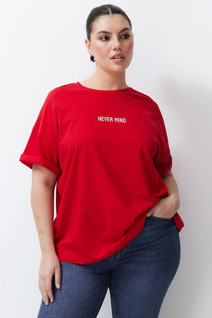 Damska Koszulka Dzianinowa Oversize w Dużym Rozmiarze z Czerwonym Napisem