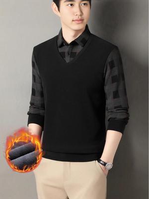 Men's Long Sleeve Winter Knit Sweater - Faux Two-Piece Pullover for Mature and Elderly Dads, Casual Loose-Fit Fashion Base Layer.