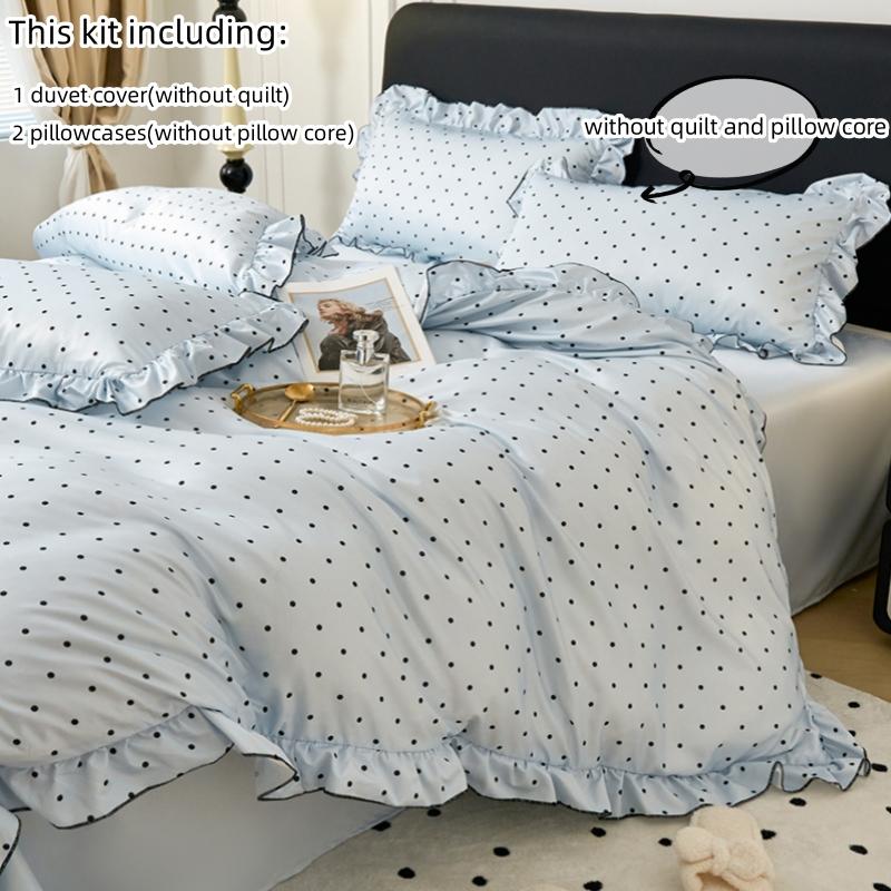 3-delige Koreaanse kanten dekbedovertrekset (1*Dekbedovertrek + 2*Kussensloop, Zonder Vulling), Zwart stipjesprint Beddengoed Set 135x200cm 3pcs